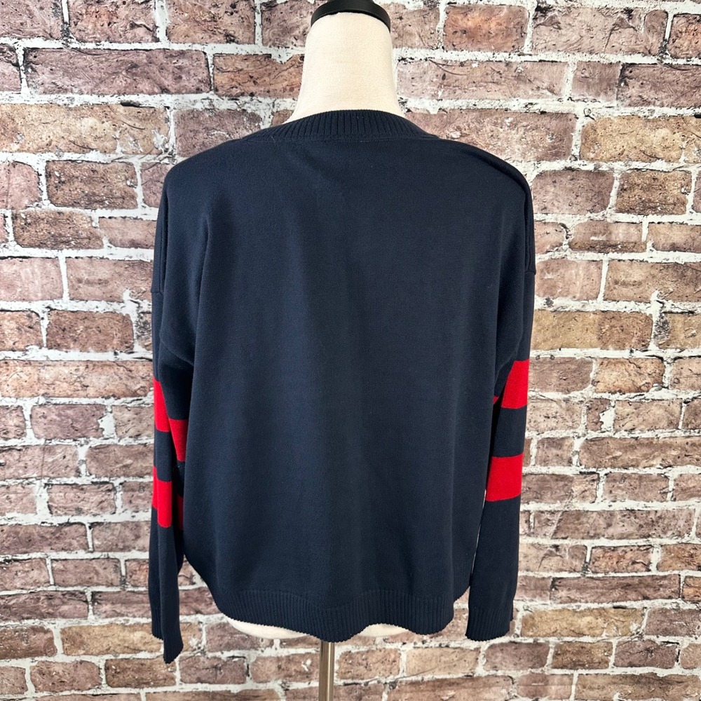 Tommy Hilfiger Women's Cropped Double Heart Sweater‎ Navy Crewneck Size Large - Picture 7 of 15